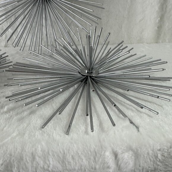 Set Of 3 Silver Sea Urchin Decor Metal Spike Sculptures Wall Burst MCM Style - Picture 2 of 5